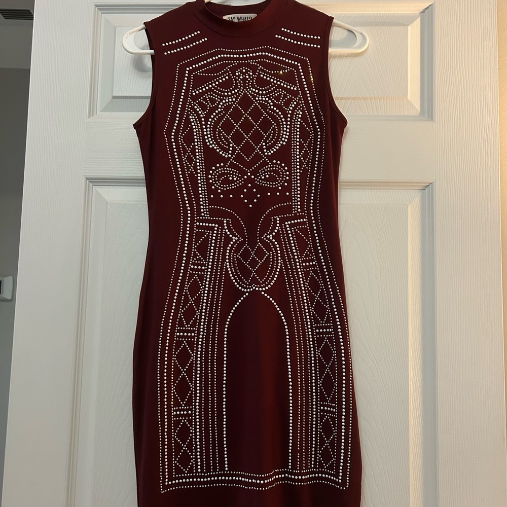Burgundy Mini Dress with White pearl / Gem Detailing
